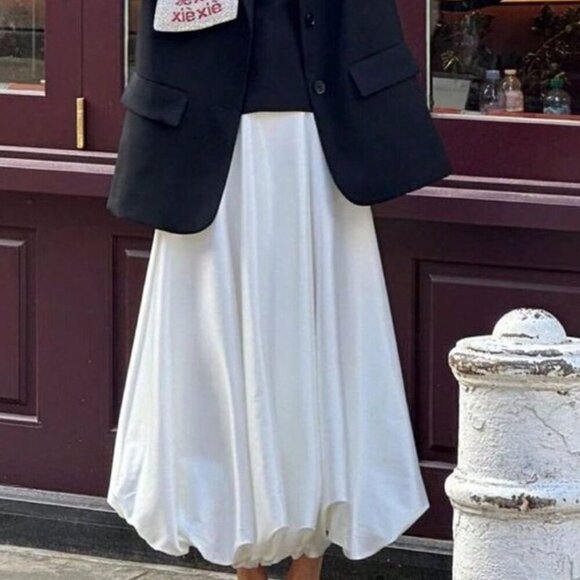 Beige Casual Women's Satin Pleated Bubble Long Skirt - Picture 12 of 13